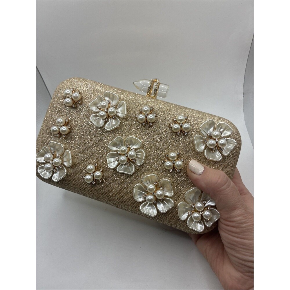 3D Floral Pearl-Embellished Evening Clutch Gold